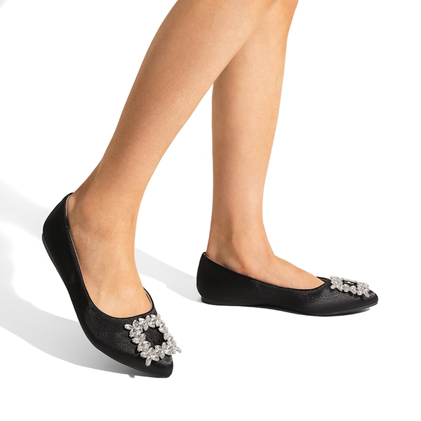 Rhinestone Square Buckle Flats - BLACK-SATIN - 3